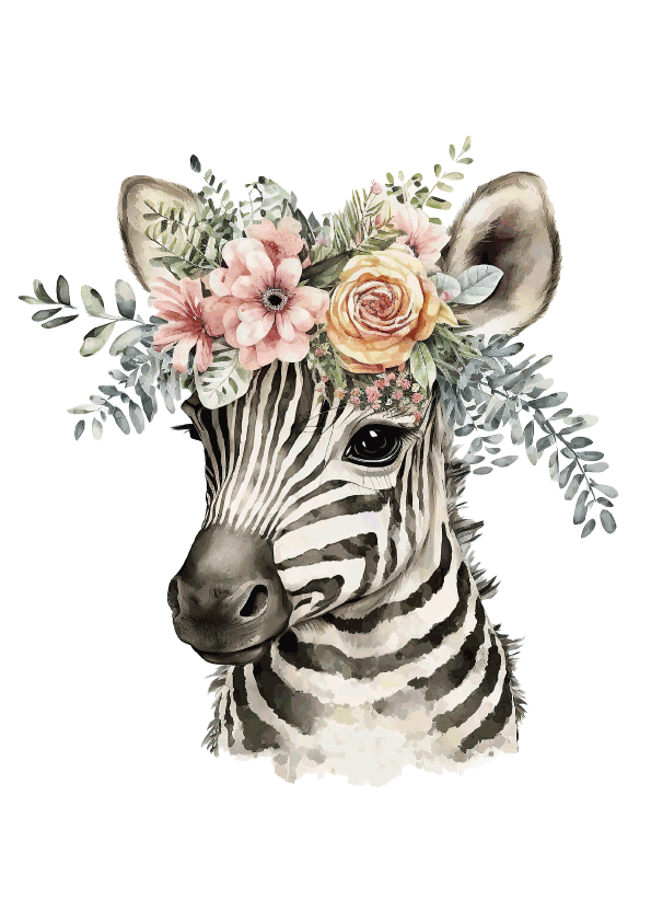 Animal Posters Featuring a Floral Zebra with Soft Watercolor Style